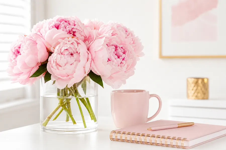 Pink flowers beside a mug and notebook on a white desk.